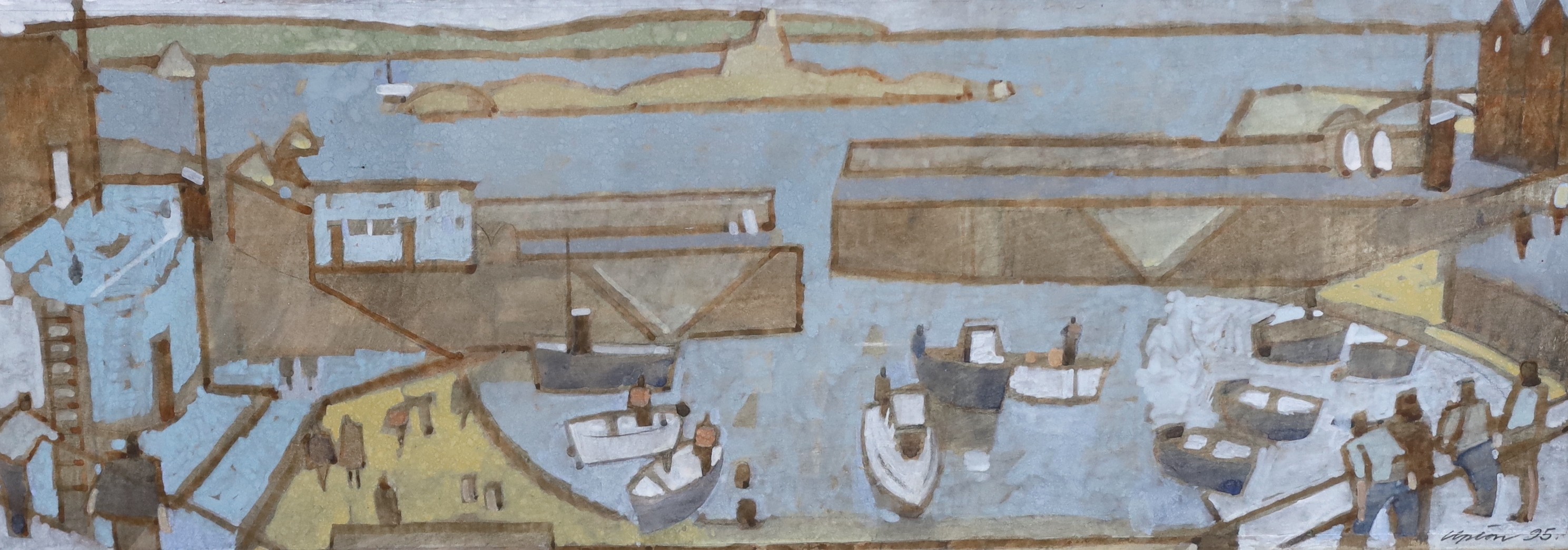 Michael Upton (1938-2002), Figures overlooking a harbour, watercolour on brown paper